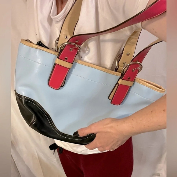 Color block pre owned faux leather shoulder bag blue red black - Picture 2 of 8